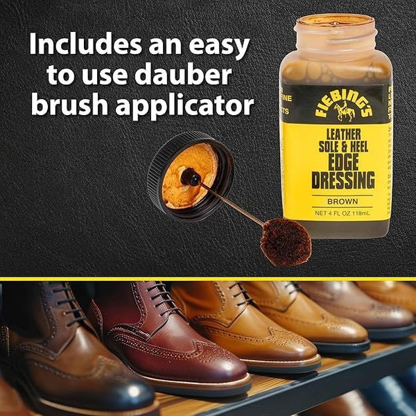 Fiebing's Leather Sole & Heel Edge Dressing, 2-Pack Black (4 oz) - High Gloss Shoe Dressing for Leather Soles & Heels - Provides a Protective Finish - Includes Brush Applicator
