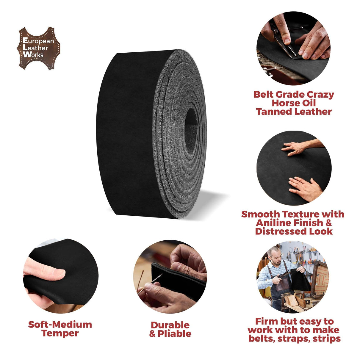 Black 5/6 oz. (2mm) Tooling Leather Belt/Strip/Straps 1/2"-4" Wide, 84" Length, Natural Cowhide Leathercraft Projects