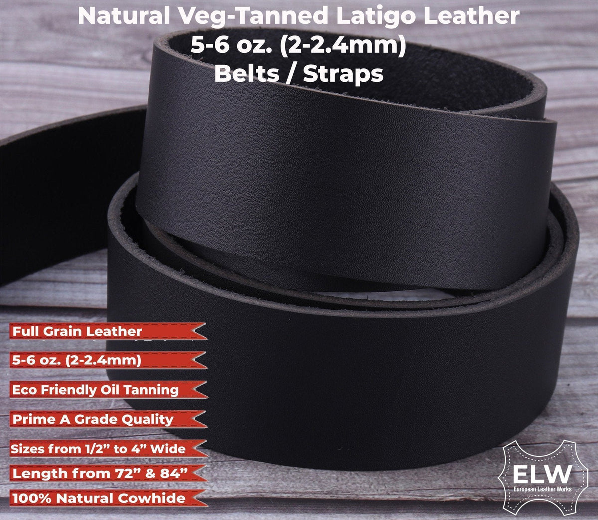 Black 5/6 oz. (2mm) Tooling Leather Belt/Strip/Straps Vegetable Tanned 1/2"-4" Wide, 56-60" Length, Blank Belts, Natural Cowhide Leathercraft Projects Main image