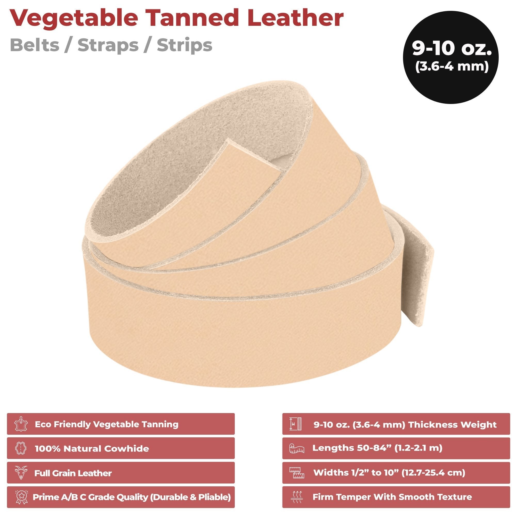 ELW 9-10 oz. (3.6-4 mm) Vegetable Tanned Cowhide Full Grain Import Tooling Leather Belt Blanks, Straps/Strip for DIY & Craft, Harness, Holsters