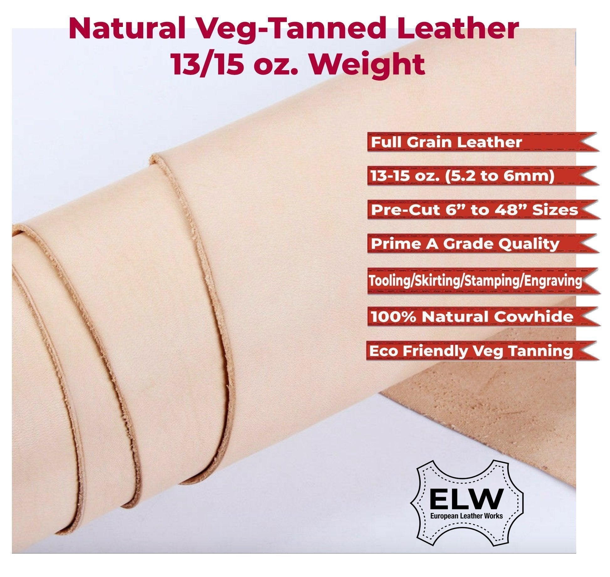 Veg Tan Full Grain Leather 13/15 Oz. (5.2-6mm) Heavy Thickness  Pre-Cut 6" to 48" Sizes  Natural Cowhide Skirting Tooling Leather Crafts Projects Repair Molding Secondary image