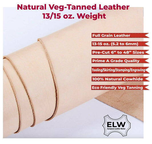 Veg Tan Full Grain Leather 13/15 Oz. (5.2-6mm) Heavy Thickness  Pre-Cut 6" to 48" Sizes  Natural Cowhide Skirting Tooling Leather Crafts Projects Repair Molding