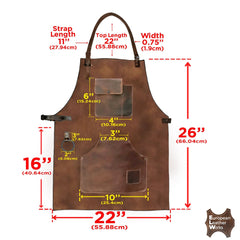 ELW Full Grain Leather Apron-2 Pouch Leather Apron, BBQ Apron, Men and Women's Apron, Kitchen, Cooking, Bartending, One Size