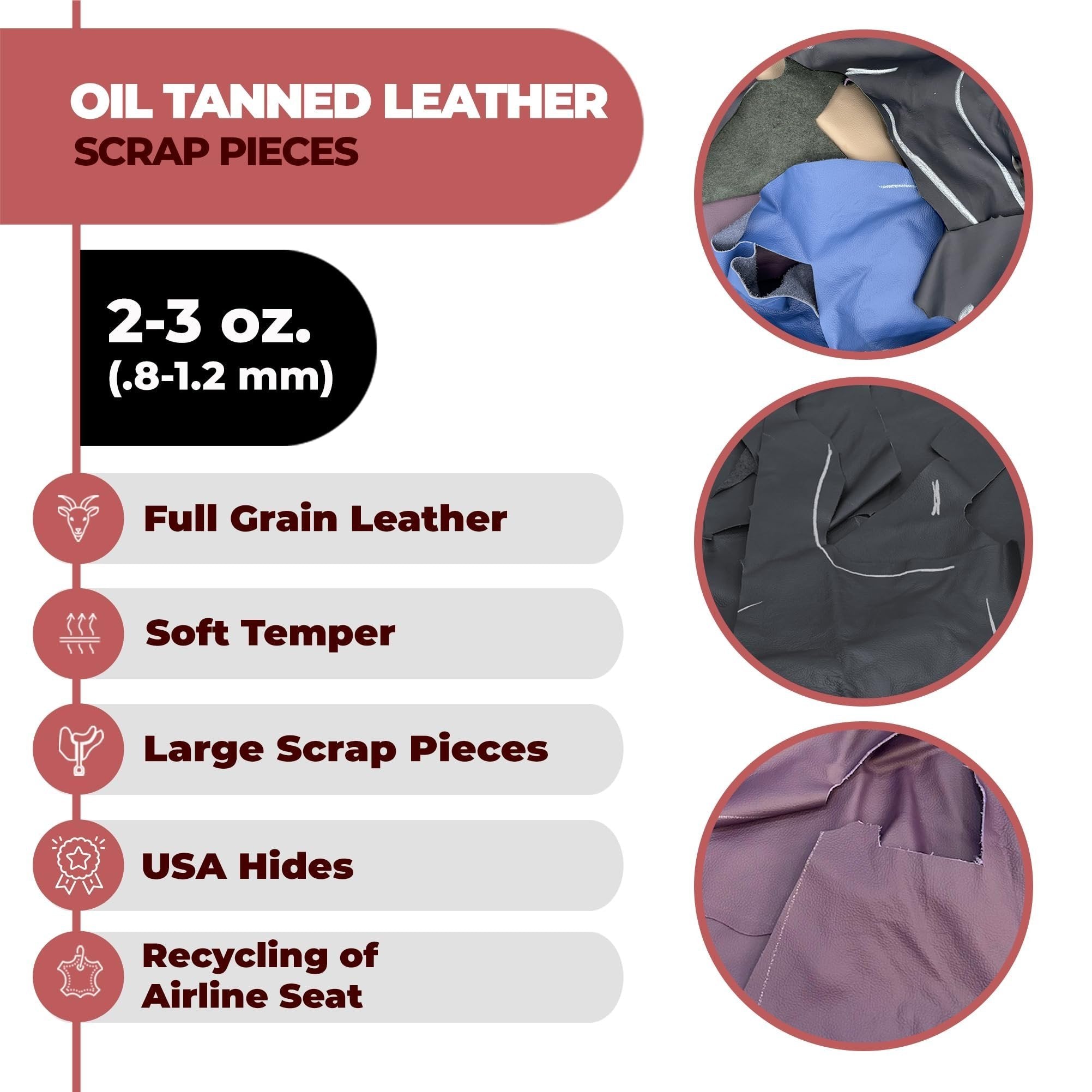 2-3 oz (.8-1.2 mm) Leather Scraps | 1-100 LBS Genuine Cowhide Full Grain Leather Remnants for Crafts, Leather Material Supplies, Pieces, Upholstery, Garments, Furniture, Accessories Secondary image