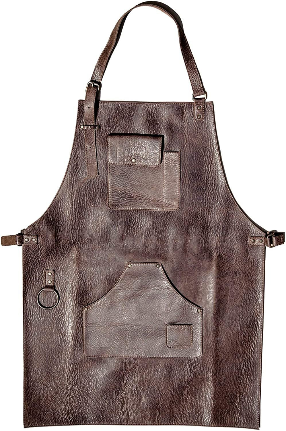 ELW Leather Apron for Kitchen, BBQ, Cooking, Woodworking, Barber, & Crafting - 100% Top Grain Leather - Large Tool Pockets - 3/4 oz Thickness - Adjustable Size M to 2XL