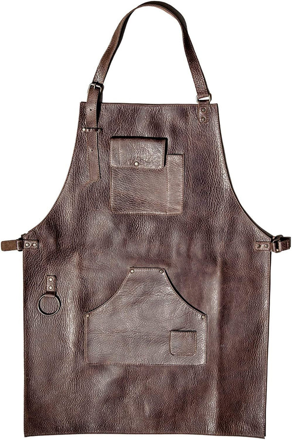 ELW Leather Apron for Kitchen, BBQ, Cooking, Woodworking, Barber, & Crafting - 100% Top Grain Leather - Large Tool Pockets - 3/4 oz Thickness - Adjustable Size M to 2XL