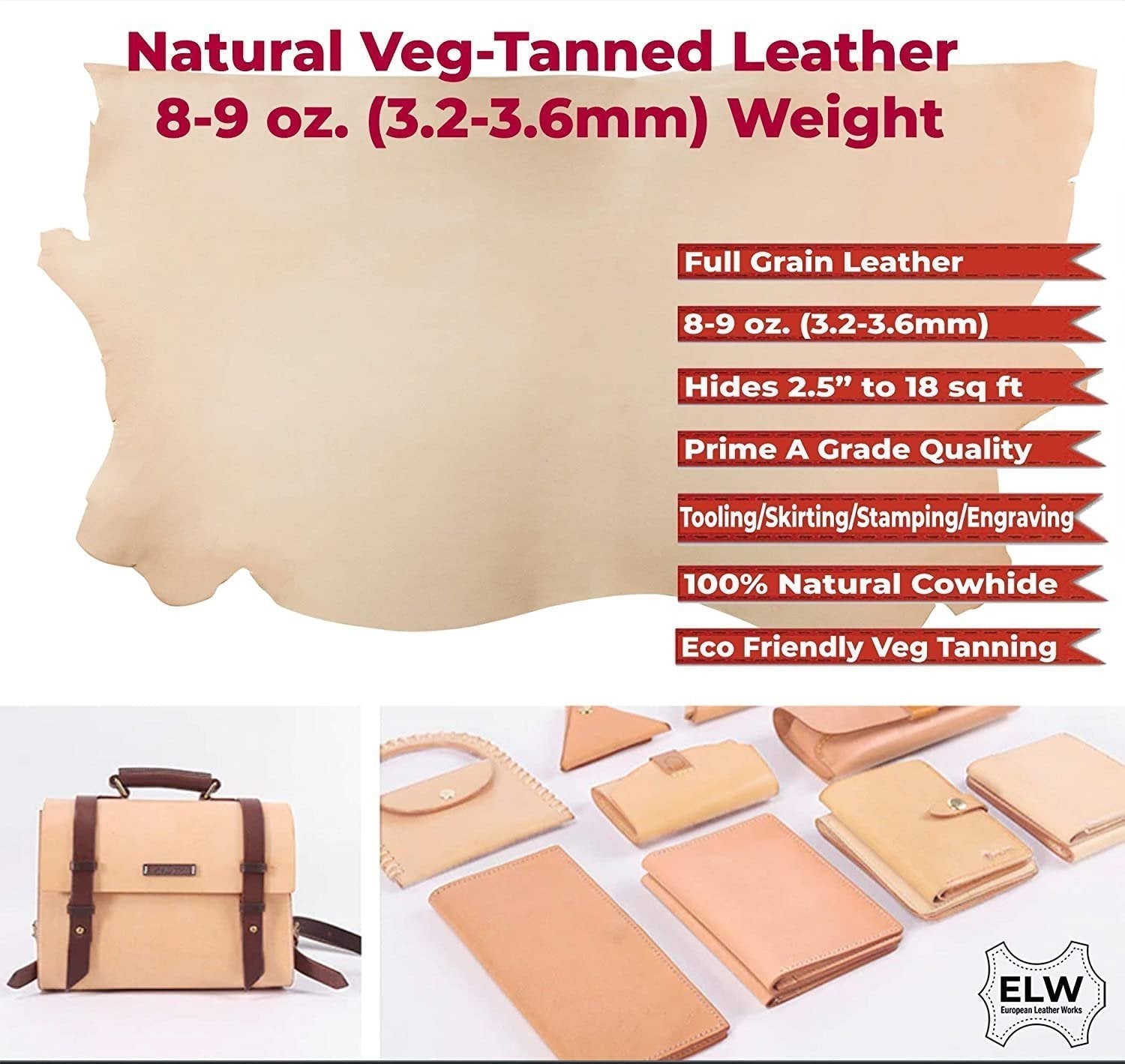 ELW Veg Tanned Leather Shoulder & Sides 8/9 oz. (3.2-3.6mm) Natural Full Grain Leather Tooling Craft Repair Projects Various Sizes Secondary image