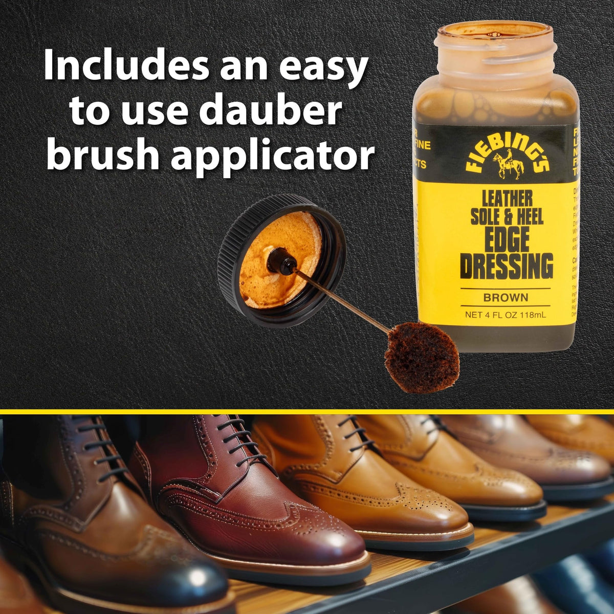 Fiebing's Leather Sole & Heel Black Edge Dressing (4 oz) - High Gloss Shoe Dressing for Leather Soles and Heels - Provides a Protective, Glossy Finish After a Shoe Shine - Includes Brush Applicator