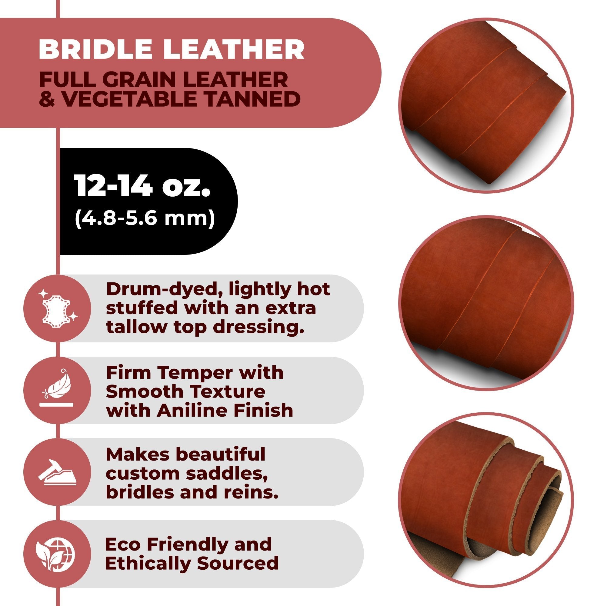 12-14 oz (4.8-5.6mm) Bridle Veg Tan Leather Cowhide Secondary image
