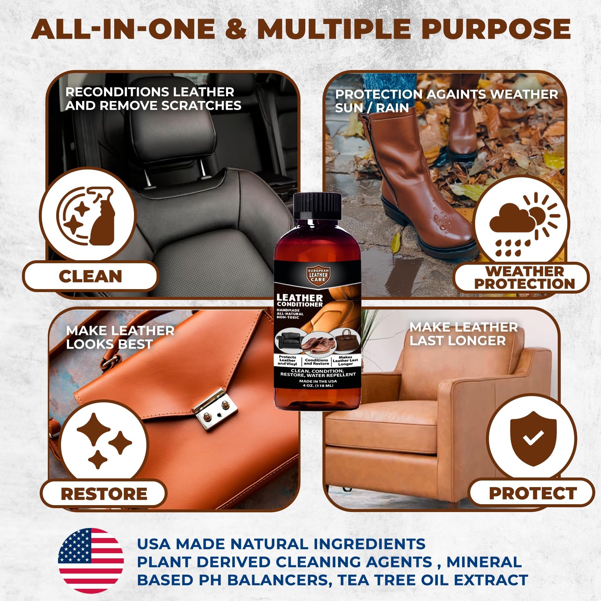 European Leather Care Leather Conditioner for Leather Couch, Furniture, Shoe, Leather Jacket, Purse, Boot Cleaner, Leather Conditioner Car Leather Cleaner Leather Repair Restorer All Natural USA