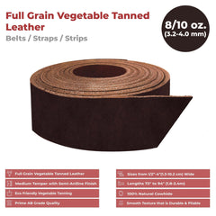 ELW Vegetable Tanned Leather 8-10 oz (3.2-4mm) 94" Length Straps, Belts, Strips Full Grain Veg Tan Tooling Leather Cowhide Heavy Craftsmen Grade AB for DIY, Tooling, Carving