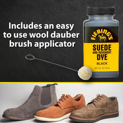 Fiebing's Black Suede Dye (4 oz) - Recolor, Brighten & Restore Suede & Roughout Leather Shoes, Furniture, Purse - Includes Wool Dauber for Easy Application - Flexible When Dry, Won't Crack or Peel