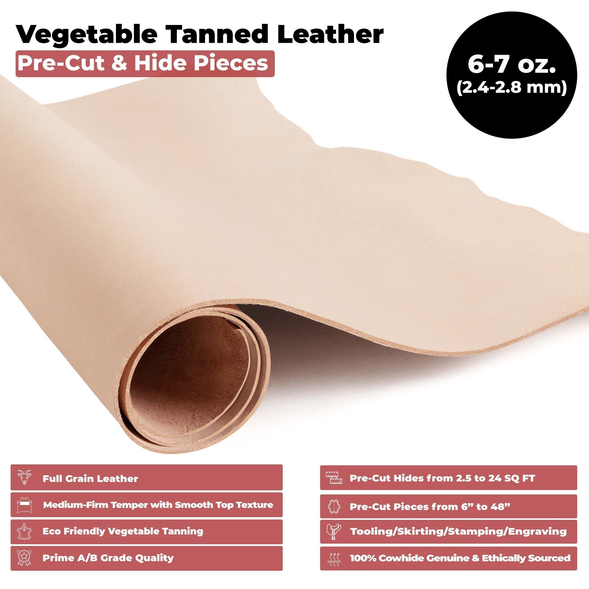 ELW Tooling Leather Vegetable Tanned 6-7 oz. (2.4-2.8mm) Heavy Thickness Weight Pre-Cut Leather Sheets 6" to 48" Cowhide Leather Secondary image