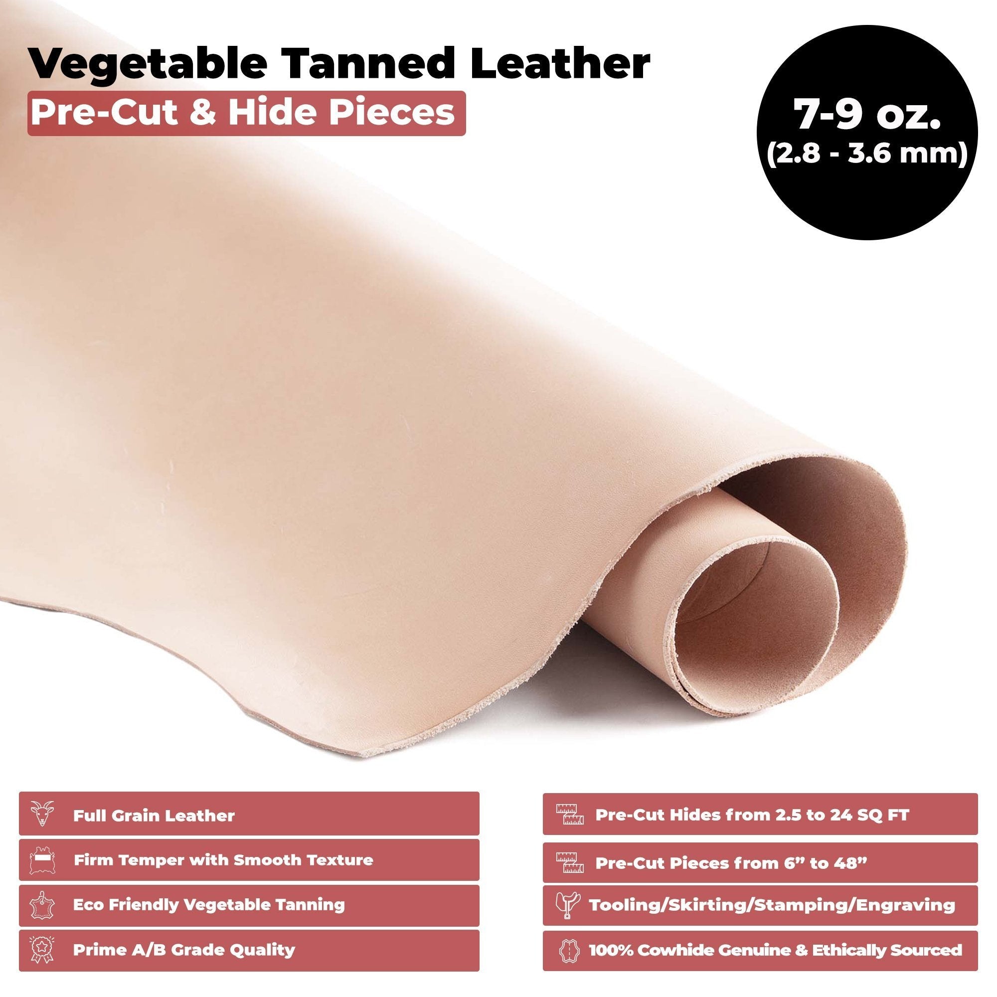 European Leather Work 7-9 oz (2.8-3.6 mm) Vegetable Tanned Pre-Cut Full Grain Cowhide Leather for Tooling, Engraving, Crafting, Molding, DIY, Holsters, Sheathes