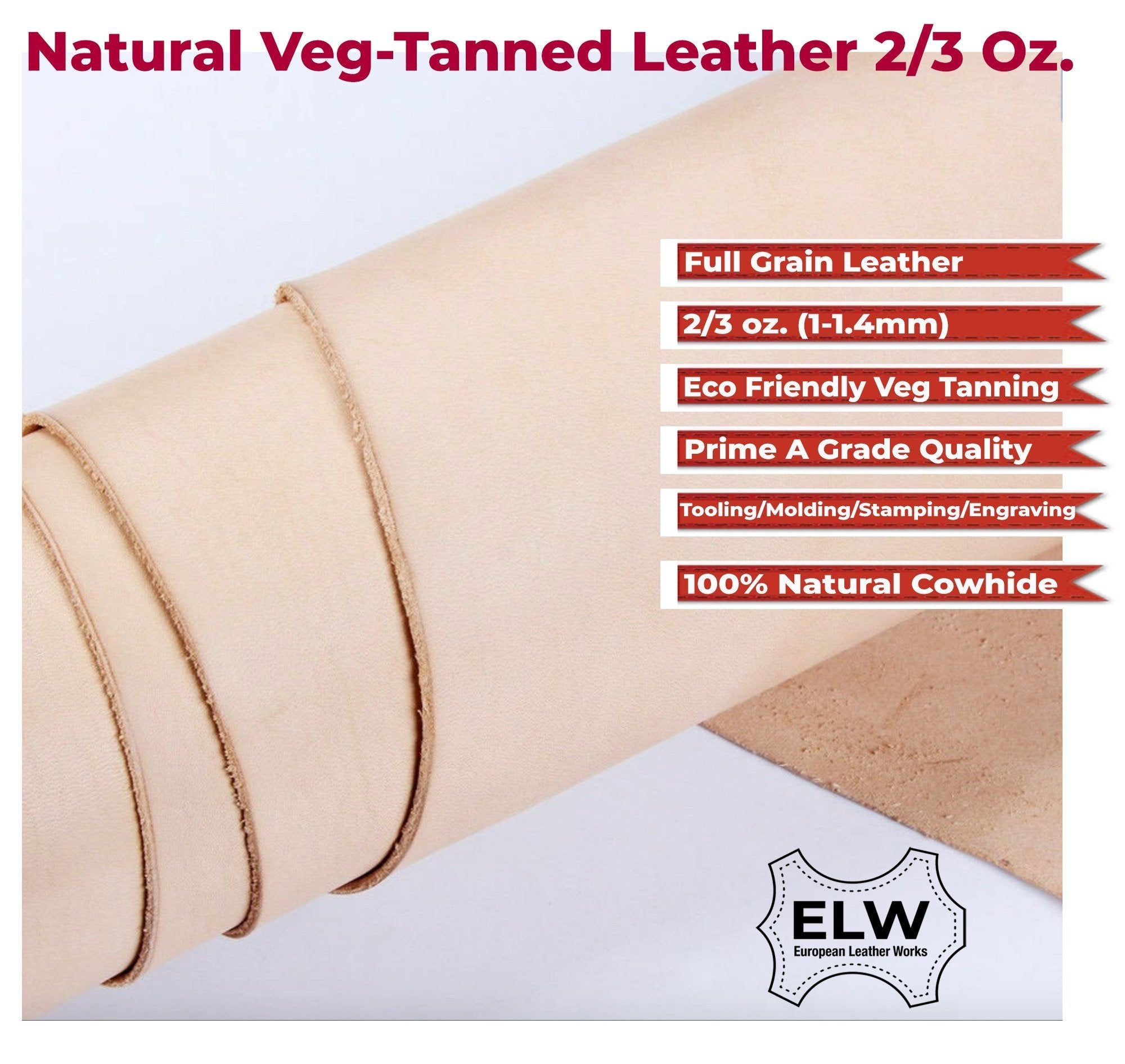 Veg Tan Tooling Leather 2 Piece Special Price 2/3 oz (1-1.4mm) Pre-Cut Shapes 6" to 48" Import AA Grade Natural Cowhide Leathercraft, Molding, Holster, Armour, Projects, Repair, Lining Secondary image