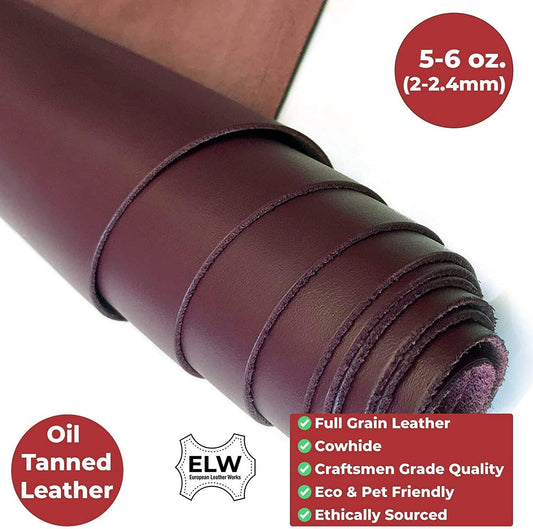 ELW Oil Tanned Leather 5/6 OZ (2-2.4mm) | Full Grain| Pre-Cut Sizes from 6" to 48"| Cowhide Handmade Perfect for Crafting, Sewing, Molding, Workshop