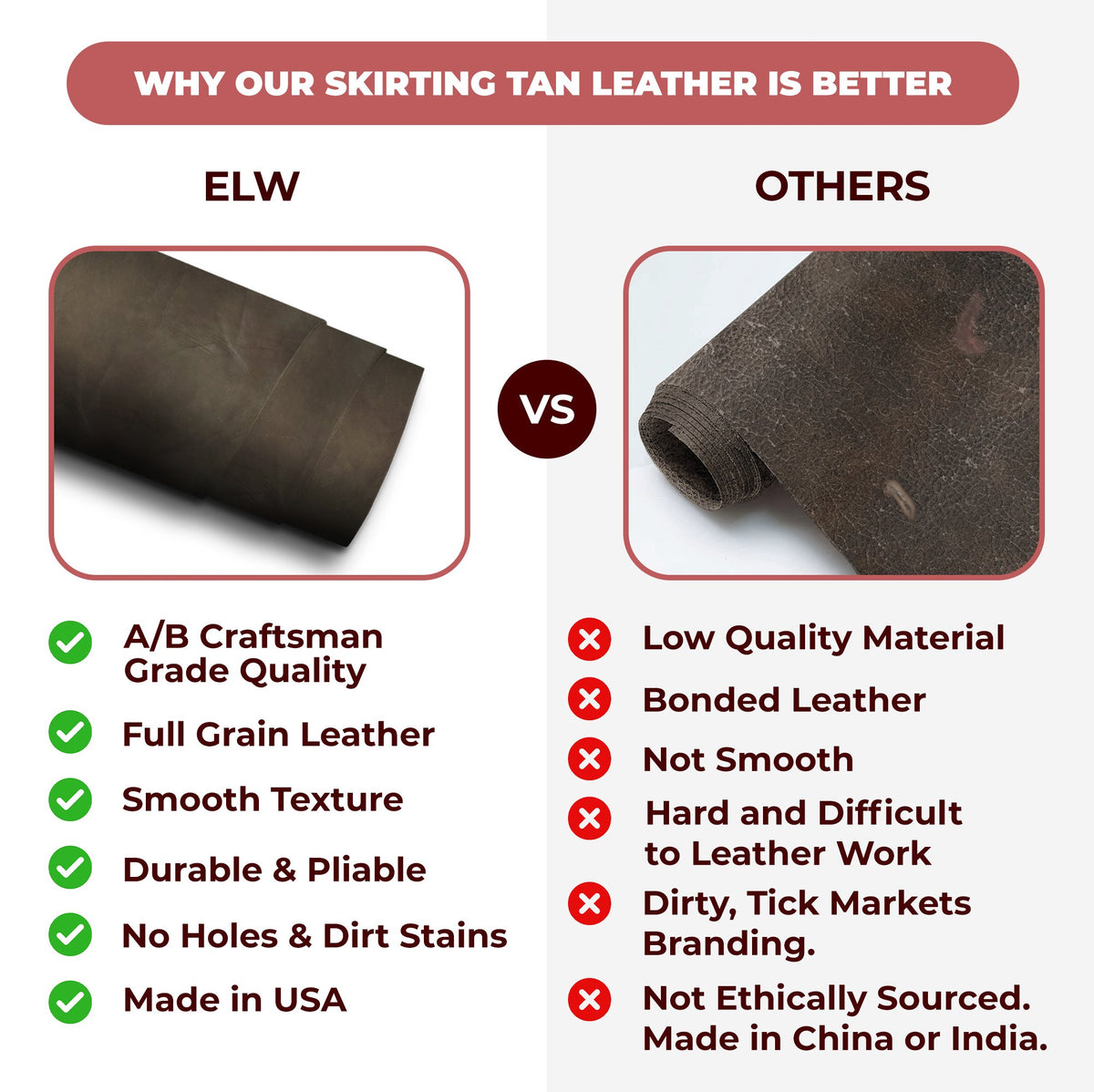 8-10 oz (3-4 mm) Skirting Veg Tan Leather Cowhide