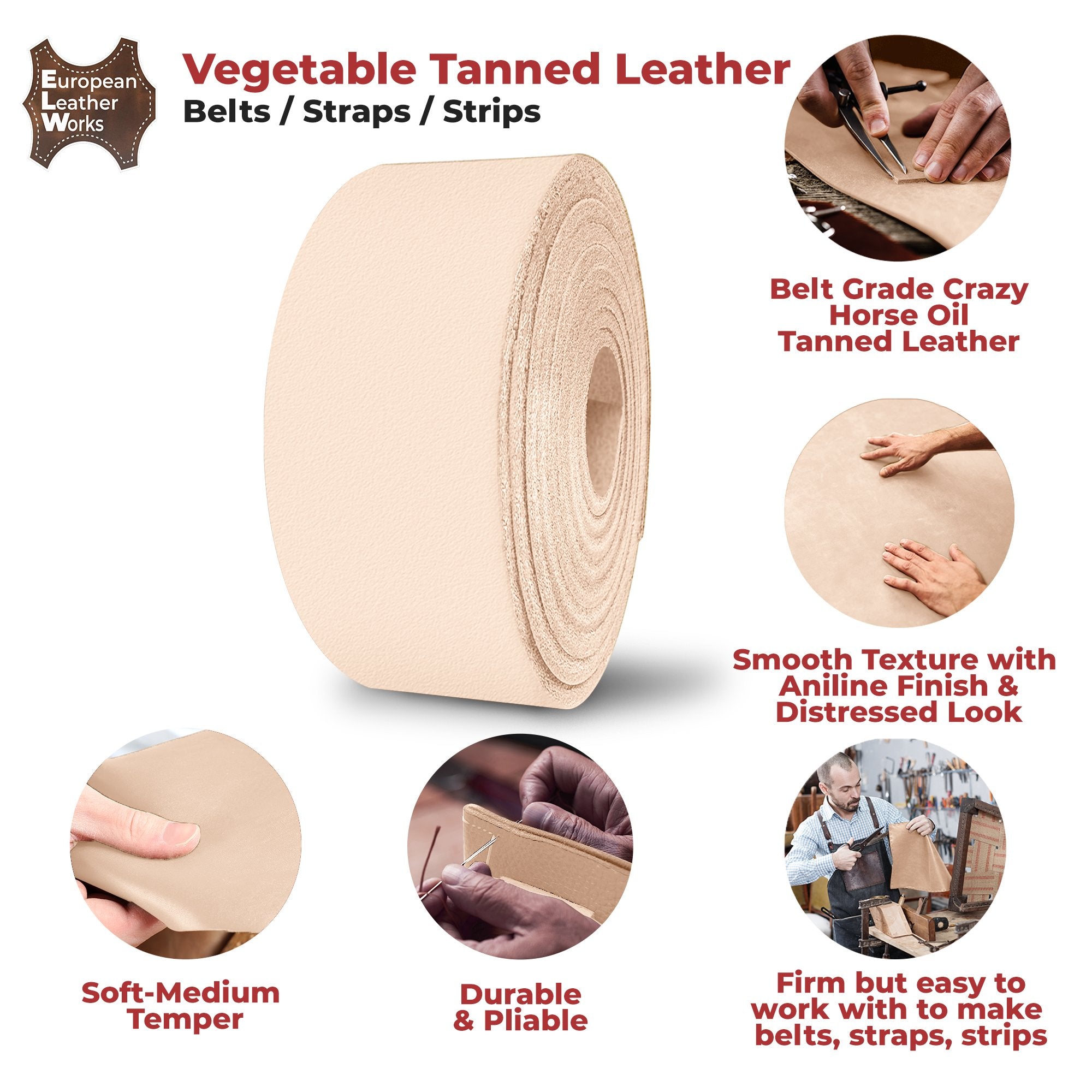 ELW Leather Blank Belt - 3 to 5 oz Thickness - Size 1/2” to 8" Wide & 50” to 84" in Length Cowhide Vegetable Tanned - Full Grain Strip, Strap - Ideal for DIY Belts - for Tooling, Crafting & Stamping - elwshop.com