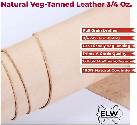 ELW Import Tooling Leather Vegetable Tanned Natural Cowhide Leather Side 3/4 oz. (1.2-1.66mm) 22-26 SQ. FT.