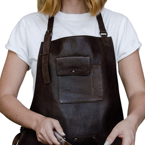 ELW Leather Apron for Kitchen, BBQ, Cooking, Woodworking, Barber, & Crafting - 100% Top Grain Leather - Large Tool Pockets - 3/4 oz Thickness - Adjustable Size M to 2XL - elwshop.com