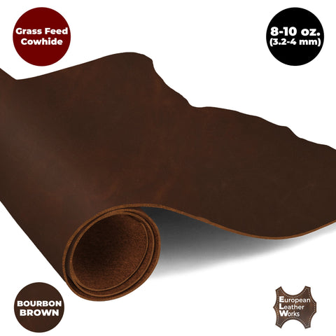 ELW 8-10 oz. (3-4mm) Thick Pre-Cut Piece 6"x6'' to 24"x48" - Available Bourbon, Tobacco & Whiskey Brown Color - Full Grain Leather Grass Fed Cow Hides, Oil Tanned for Tooling, Carving, Molding, Craft, Hobby, Sewing, Pyrography, Knife Sheaths - elwshop.com