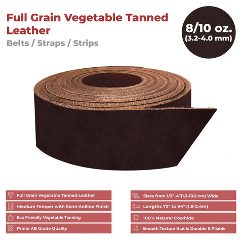 ELW Vegetable Tanned Leather 8-10 oz (3.2-4mm) 84" Length Straps, Belts, Strips Full Grain Veg Tan Tooling Leather Cowhide Heavy Craftsmen Grade AB for DIY, Tooling, Carving