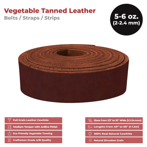 European Leather Work 5-6 oz. (2-2.4mm) Vegetable Tanned Leather Belt Blanks Shrunken Grain Cowhide Leather Straps/Strips for DIY, Tooling, Engraving, Carving - elwshop.com