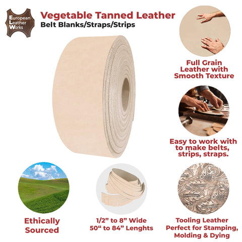 ELW Leather Blank Belt - 7-8 oz. (2.6-3 mm) to 8-9 oz. (3-3.4 mm) Thickness - Cowhide Vegetable Tanned - Full Grain Strip, Strap - Ideal for DIY Belts for Tooling, Crafting & Stamping