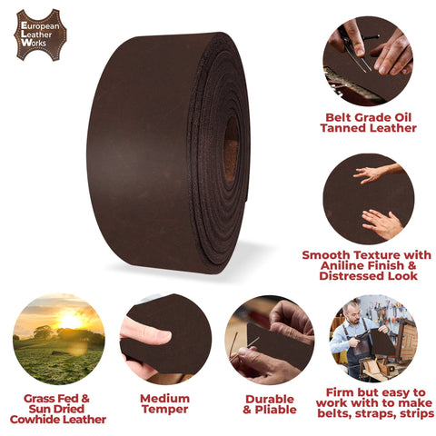 ELW Grass Fed Leather 8-10 oz. (3-4mm)  72" Length Full Grain Cowhide Belt Blank, Straps Tooling, Holsters, Saddle Bags, Knife Sheaths - elwshop.com