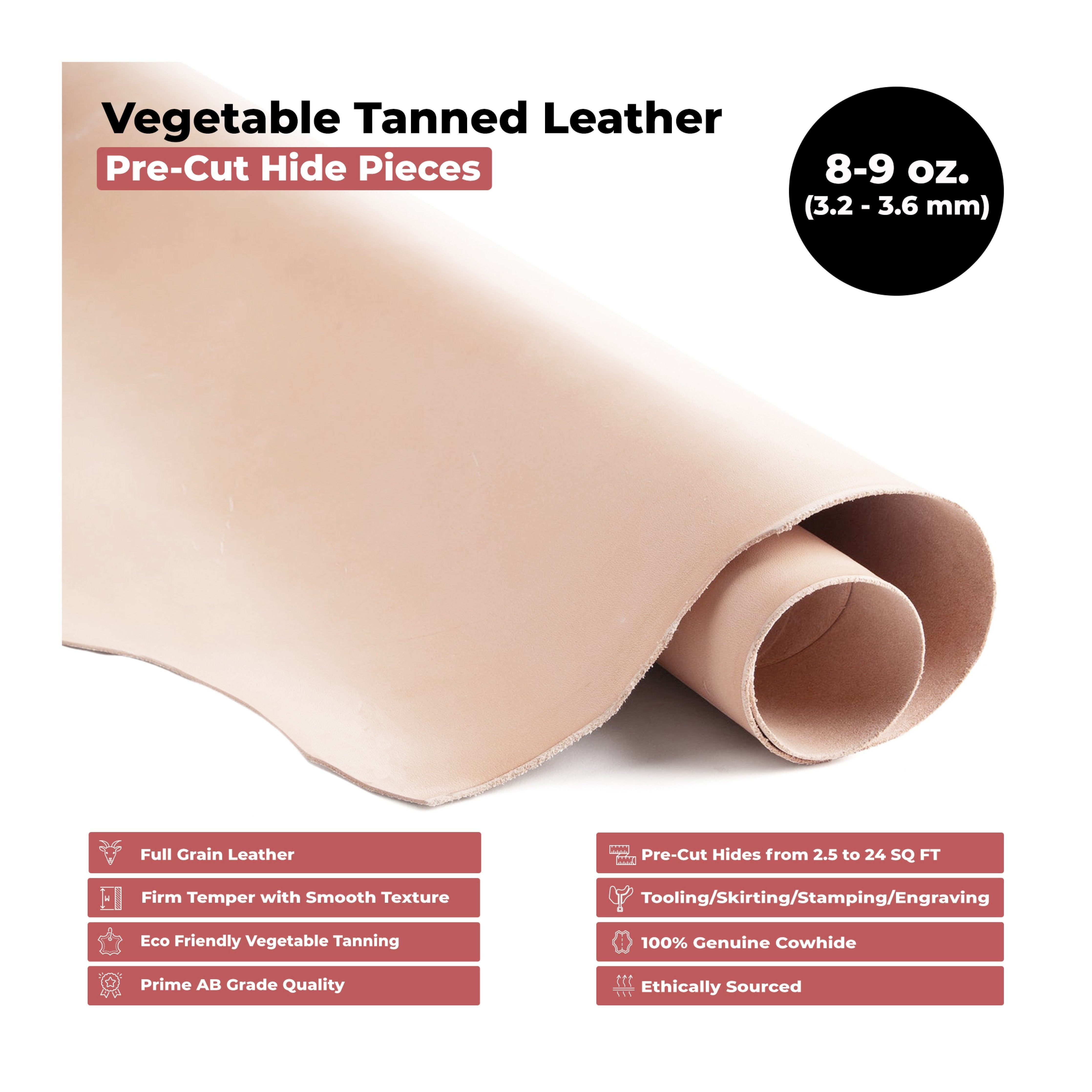 ELW Vegetable Tanned Leather 8-9 Oz. (3.2-3.6mm) Thickness | Pre-Cut Sizes 6" to 48" | Tooling Leather Cowhide - Full Grain Leather - elwshop.com