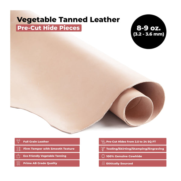ELW Vegetable Tanned Leather 8-9 Oz. (3.2-3.6mm) Thickness | Pre-Cut Sizes 6" to 48" | Tooling Leather Cowhide - Full Grain Leather - elwshop.com