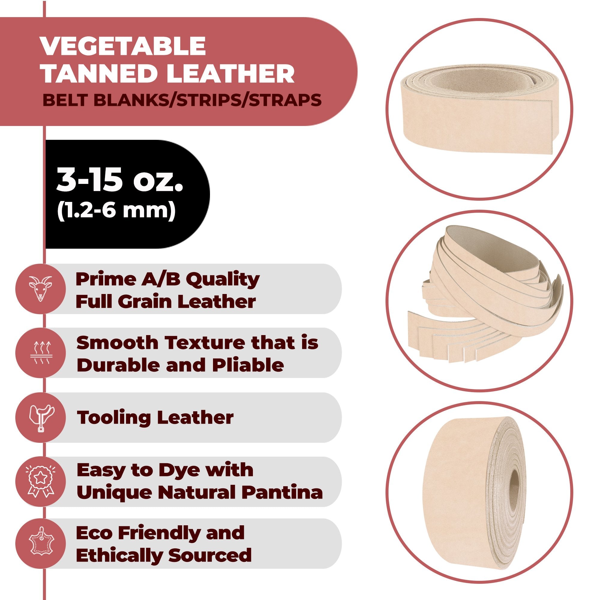 ELW Leather Blank Belt - 11-12 oz. (4.4-5 mm) to 13-15 oz. (5.2-6 mm) Thickness - Cowhide Vegetable Tanned - Full Grain Strip, Strap - Ideal for DIY Belts for Tooling, Crafting & Stamping Secondary image