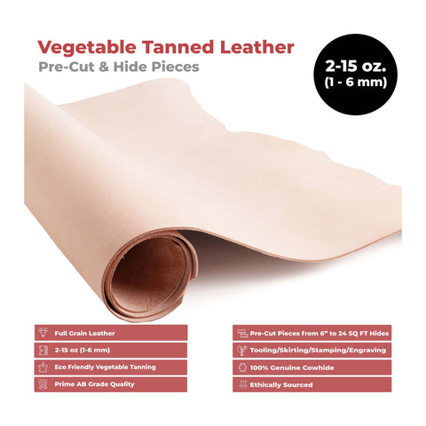 ELW 2-8 Oz (1-3.2mm) Thickness Weight Vegetable Tanned Leather Pre-Cut Cowhide Grade A Full Grain Leather Veg Tan For Tooling, Holsters, Knife Sheaf, Carving, Embossing, Stamping, Dyeing - elwshop.com