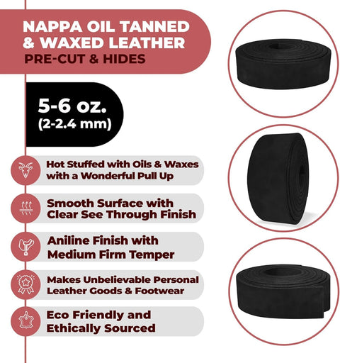 ELW 5-6 oz (2-2.4mm) Nappa Oil Tanned & Waxy Finish Leather  60" (153cm) Length, Belt Grade Straps Full Grain Craftsman A/B Grade Natural Cowhide, DIY, Crafting, Strips