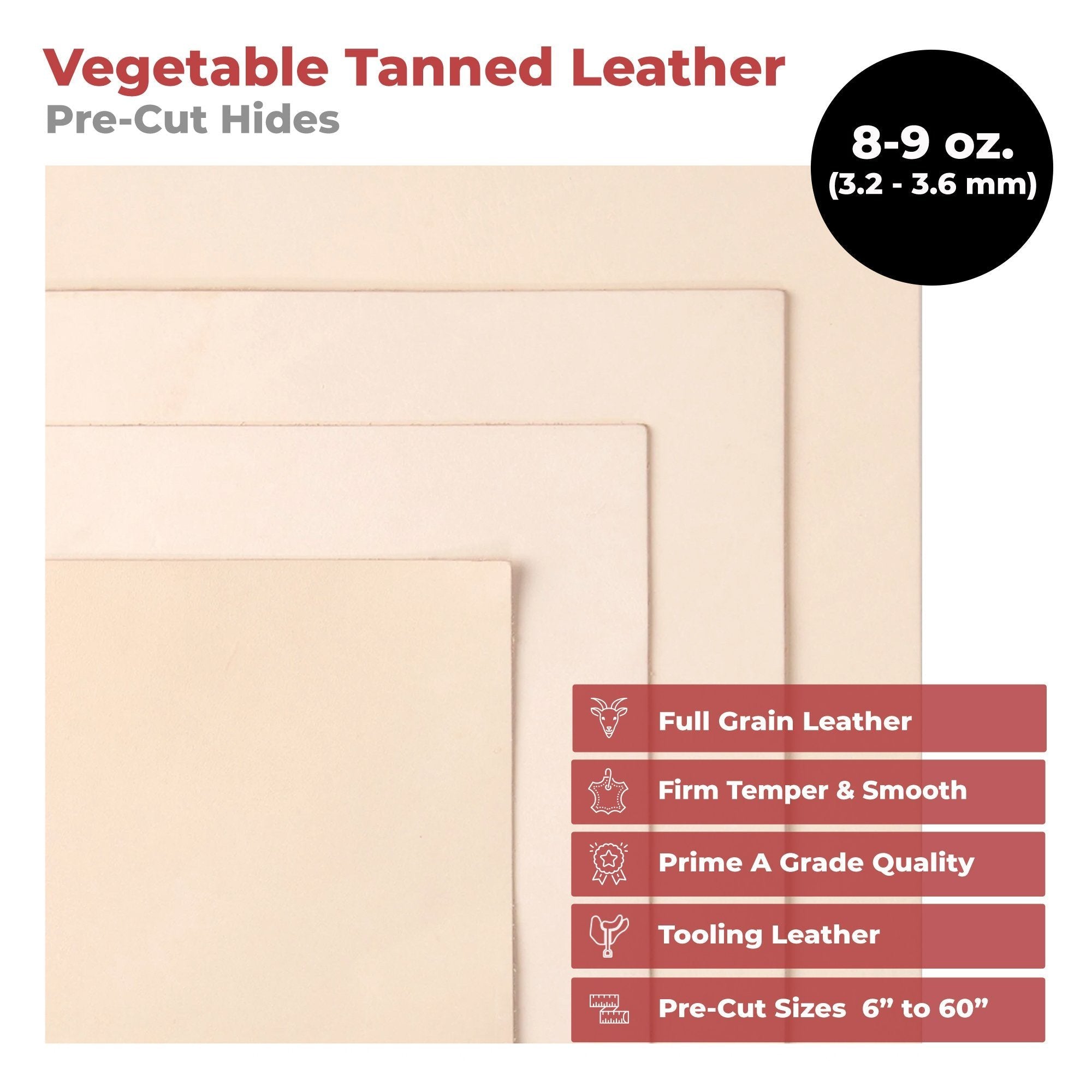 8-9 Oz. (3.2-3.6mm) Thickness Veg Tan Leather | Pre-Cut Sizes 6" to 48" | Tooling Leather Cowhide - Full Grain Leather Secondary image