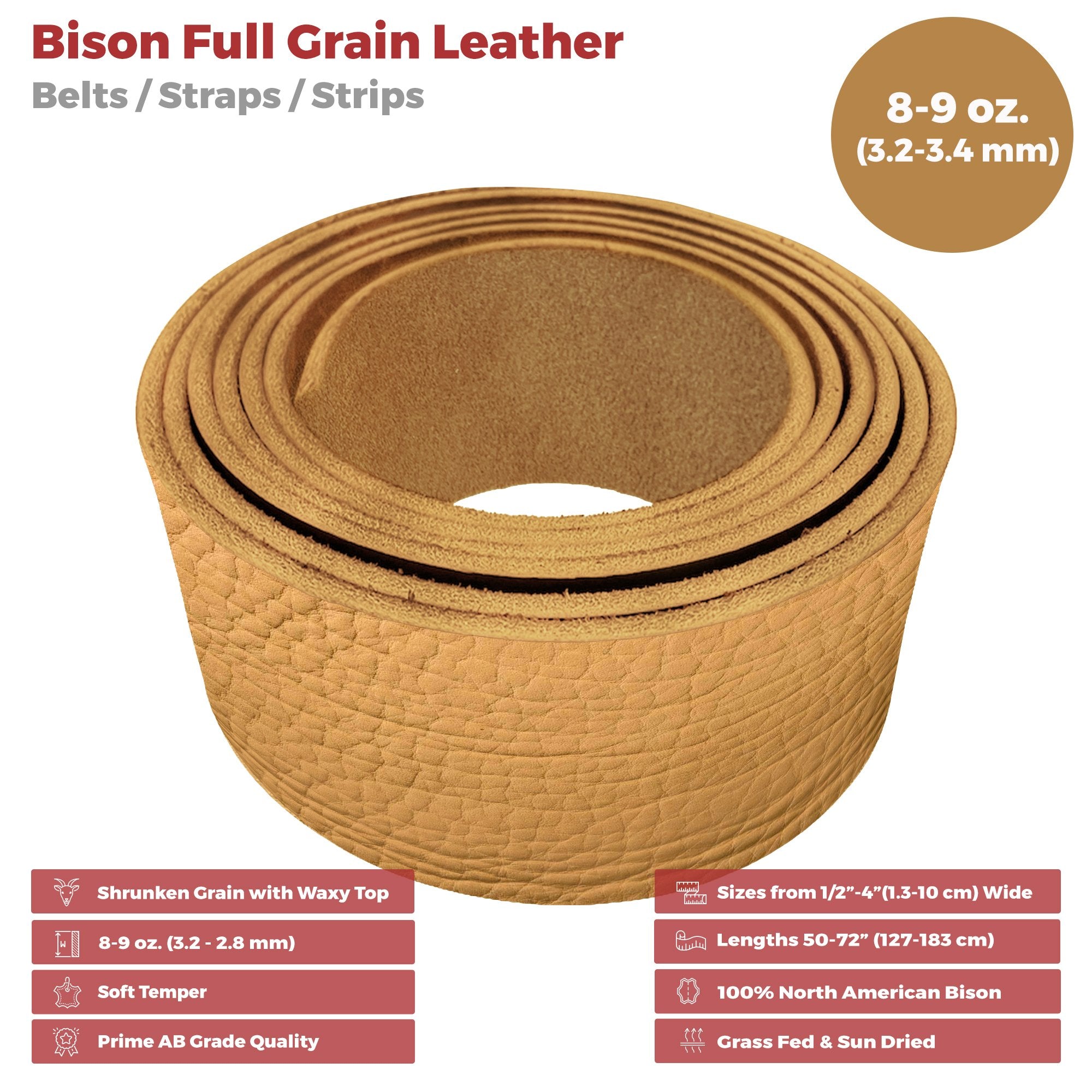 ELW Genuine American Leather Bison 8-9 oz (3.2-3.4mm) Thickness 60" Length Straps, Belts, Strips  Full Grain Hide DIY Craft Projects, Bag, Chap, Moccasins, Jewelry, Wrapping - elwshop.com