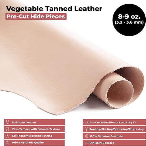 European Leather Works Vegetable Tanned 8-9 oz (3.2-3.6mm) | Size 14-16 SQ FT | Full Grain Import Cowhide Leather Side - Perfect for Tooling, Molding, Engraving, Dyeing, & Stamping - elwshop.com